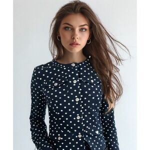 Chaps Polka Dot Denim Jacket Size Small Blue No Collar Long Sleeve Pockets EUC